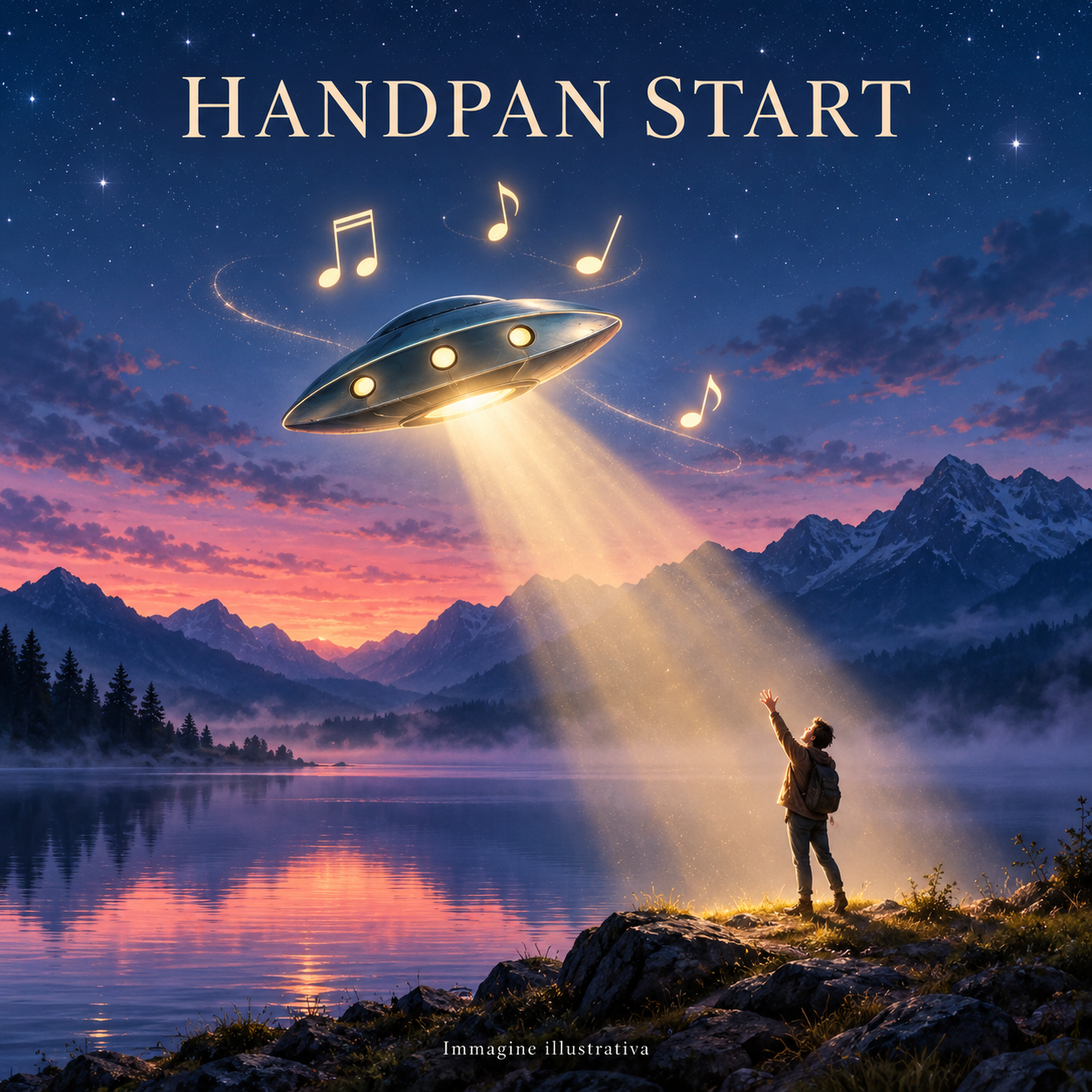 Handpan START: illustrazione sognante di un UFO musicale che illumina una persona accanto a un lago sotto il cielo stellato