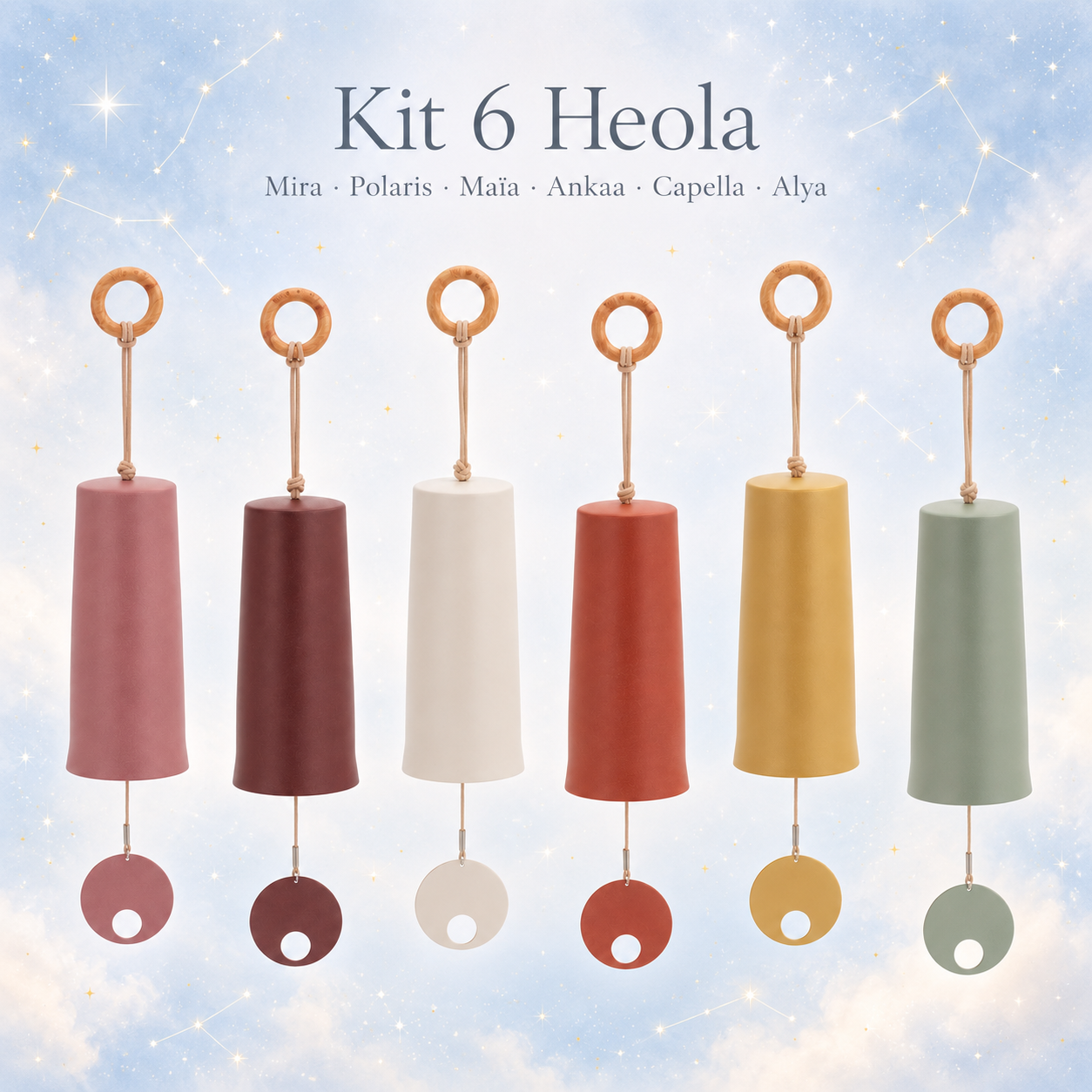 Kit 6 Heola: Mira, Polaris, Maïa, Ankaa, Capella e Alya su sfondo chiaro con costellazioni