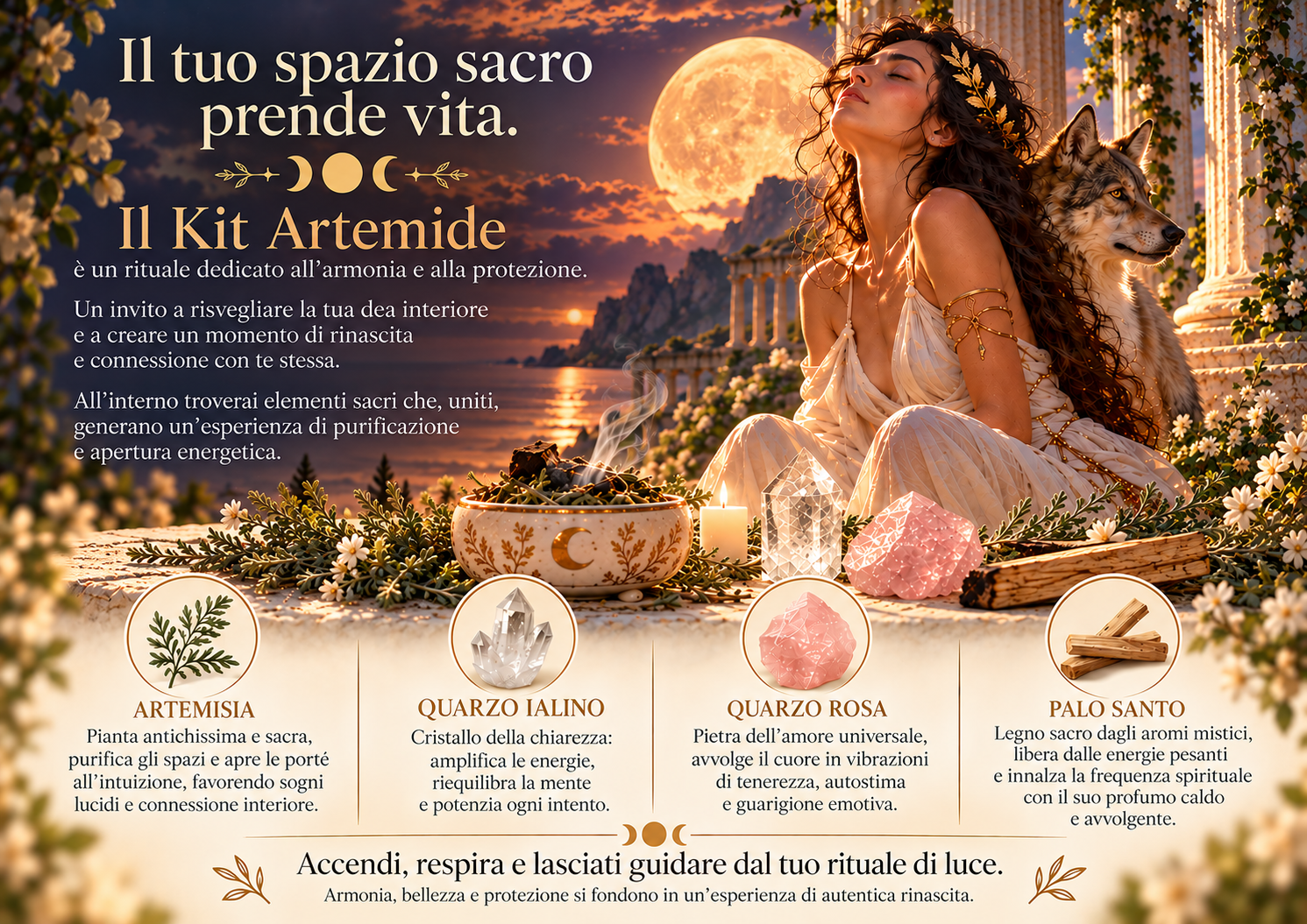 Kit Artemide - Rituale di Luce e Protezione con artemisia, quarzo ialino, quarzo rosa e palo santo