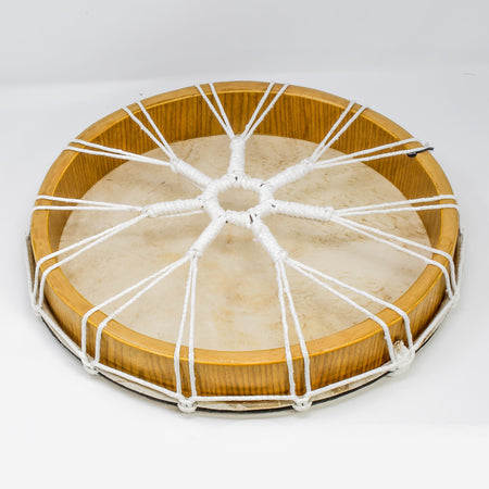 Tamburo a cornice 40 cm in pelle di capra — retro con intreccio di corde