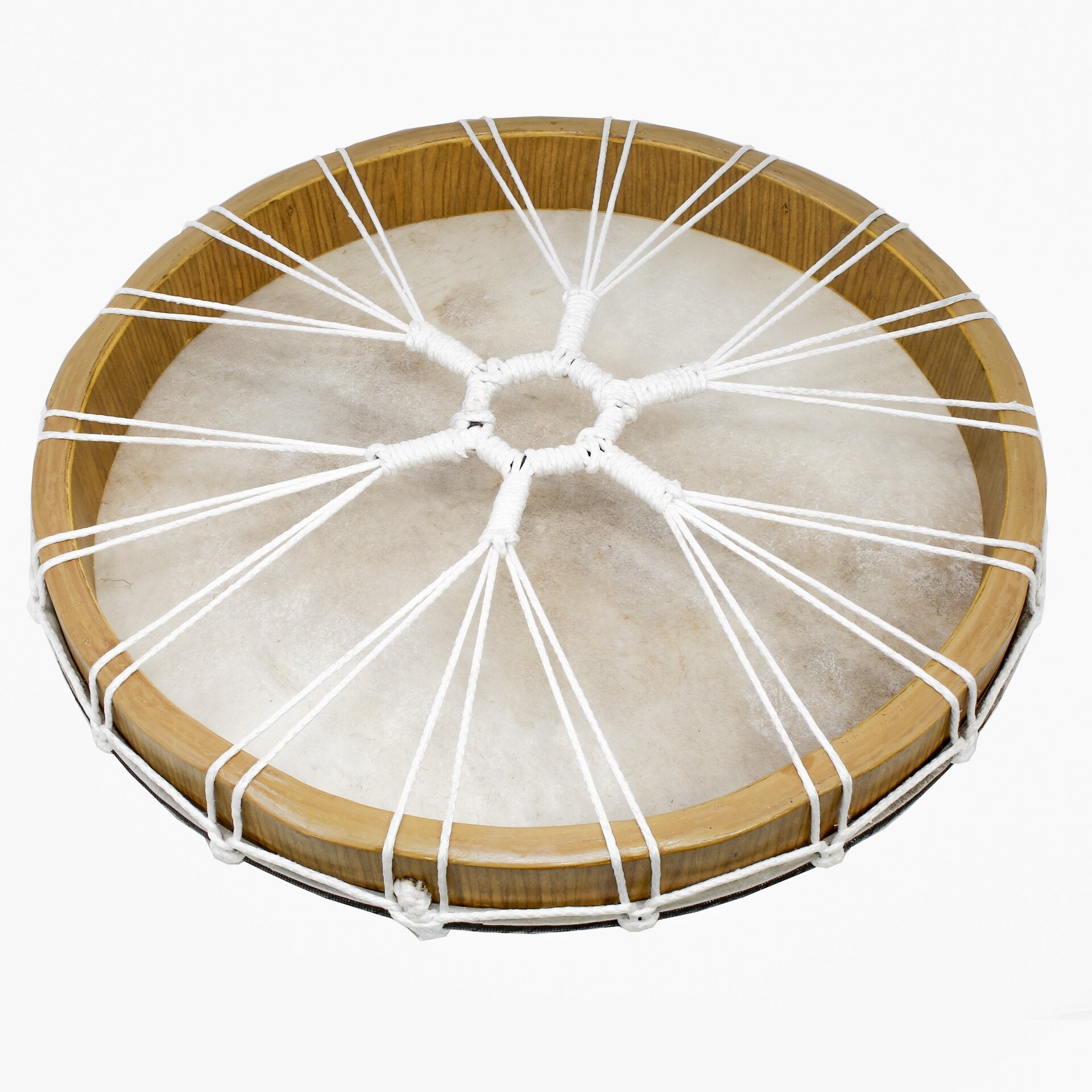 Tamburo a cornice 50 cm in pelle di capra — retro con intreccio di corde