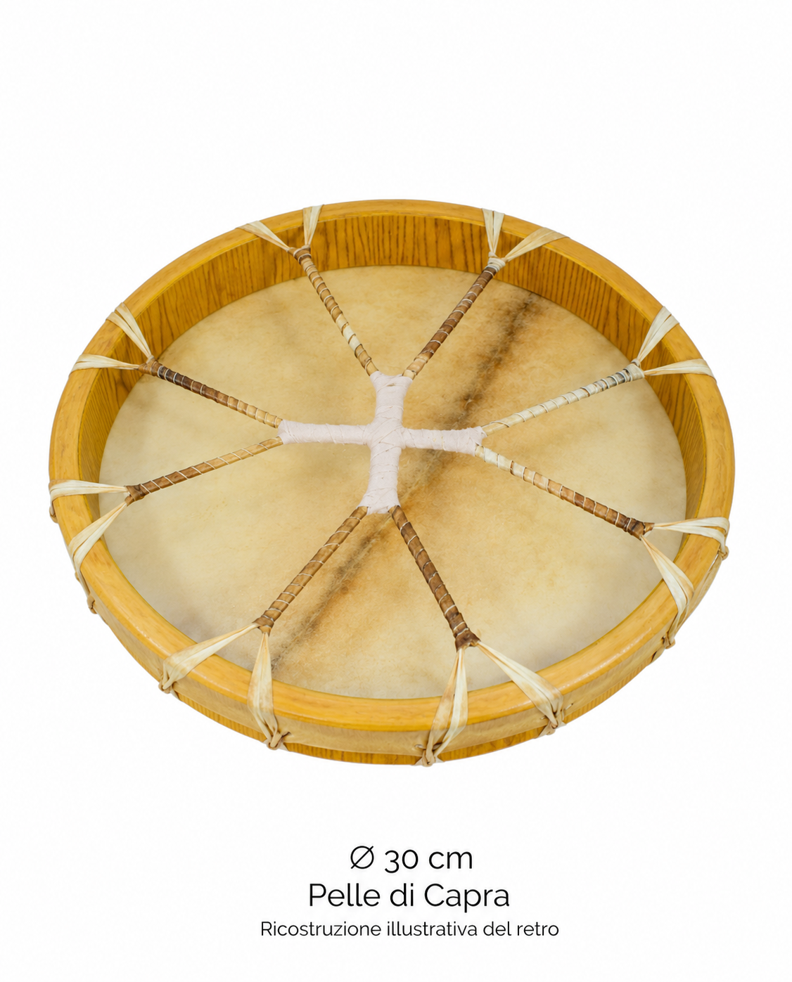 Ricostruzione illustrativa del retro del tamburo rituale 30 cm in pelle di capra senza pelo, con manico a croce; basata su altri modelli Vibrasonic.