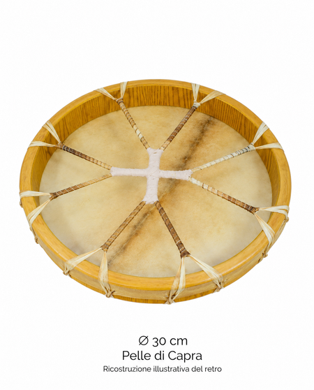 Ricostruzione illustrativa del retro del tamburo rituale 30 cm in pelle di capra senza pelo, con manico a croce; basata su altri modelli Vibrasonic.