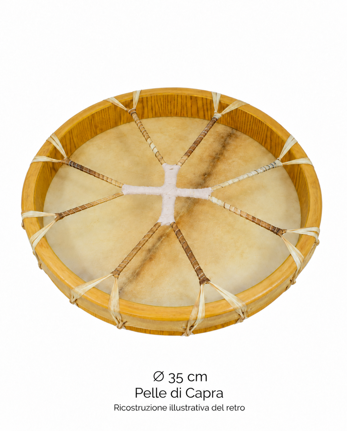 Ricostruzione illustrativa del retro del tamburo rituale 35 cm in pelle di capra senza pelo, con manico a croce; basata sui modelli del catalogo Vibrasonic.