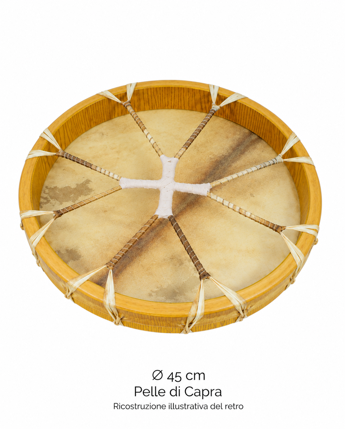 Ricostruzione illustrativa del retro del tamburo rituale 45 cm in pelle di capra senza pelo, con manico a croce. Non è una fotografia ufficiale Terre del retro.