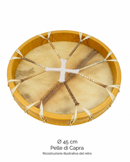 Ricostruzione illustrativa del retro del tamburo rituale 45 cm in pelle di capra senza pelo, con manico a croce. Non è una fotografia ufficiale Terre del retro.