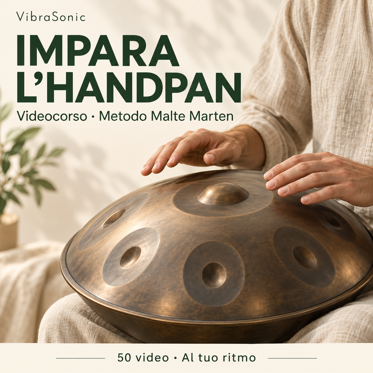 Videocorso handpan VibraSonic con Metodo Malte Marten: 50 video al tuo ritmo, copertina illustrativa con mani e handpan